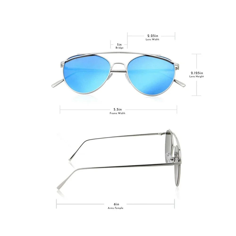 Sunglasses Blue Mirror Reflective Lens Silver‎ Frame Fashion Pilot Style UV400